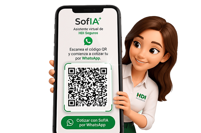 SofIA mostrando un teléfono con el código QR para cotizar por WhatsApp